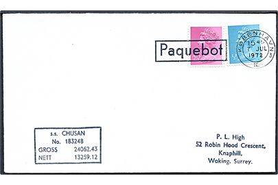 British ½d og 2½d Elizabeth på filatelistisk skibsbrev annulleret med sjældent TMS Paquebot/København K. 3 d. 7.7.1972 til Knaphill, England. Privat skibsstempel fra S/S Chusan. Stemplet kendes kun filatelistisk anvendt.