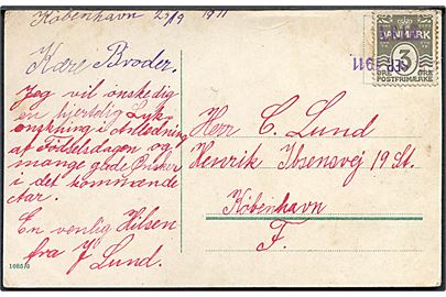 3 øre Bølgelinie på lokalt brevkort annulleret med mystisk kontorstempel A.F.L.E. (?) d. 25.9.1911 til Kjøbenhavn.