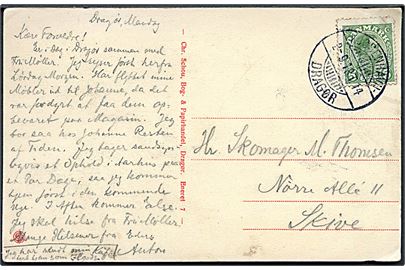 5 øre Chr. X på brevkort (St. Brøndstræde, Dragør) annulleret med bureaustempel Kjøbenhavn - Dragør T.14 d. 2.9.1918 til Skive.