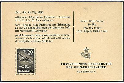 Fortrykt adviskort fra Postvæsenets Salgskontor vedr. 20 øre DDL udg. frankeret med 20 øre DDL og anvendt som FDC-kort lokalt i København d. 29.10.1943.