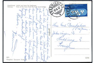 40 øre Birkeland på brevkort (Udsigt fra højbroen) fra Frederikstad d. 13.6.1967 til Huddinge, Sverige.