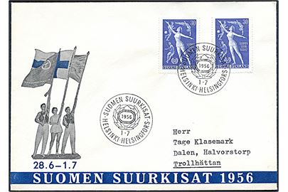 30 mk. Gymnastik- og Sportsstævne (2) på illustreret FDC fra Helsinki d. 1.7.1956 til Trollhättan, Sverige.