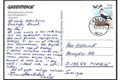 1,70 mk. Ejder på brevkort fra Enkling d. 6.8.1987 til Tyrese, Sverige.