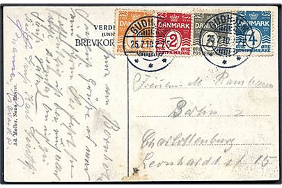 1 øre, 2 øre, 3 øre og 4 øre Bølgelinie på 4-farve frankeret brevkort fra Gudhjem d. 25.7.1910 til Berlin, Tyskland.