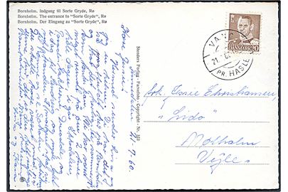 20 øre Fr. IX på brevkort annulleret med pr.-stempel Vang pr. Hasle d. 21.7.1960 til Mølholm pr. Vejle.