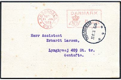 4 øre posthusfranko København *OMK* på lokal tryksagskort fra Marineforeningen d. 21.6.1933 til Gentofte. Transit stemplet Charlottenlund d. 22.6.1933.