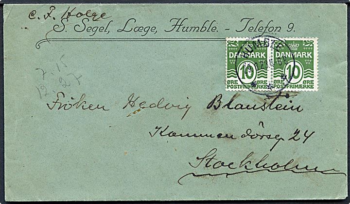 10 øre Bølgelinie i parstykke på brev annulleret med brotype IIIb Humble d. 29.6.1923 til Stockholm, Sverige.