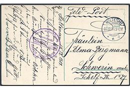 Ufrankeret feltpostkort (S.M. Vermessungsschiff Möwe) stemplet Holtenau d. 18.12.1914 til Schwerin. Briefstempel: Kaiserlische Marine / Kommando der Marine Flugstation Holtenau.