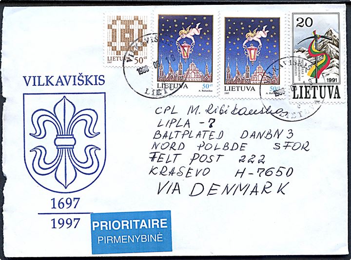 1,70 lt frankeret luftpostbrev fra Vilkaviskis d. 18.8.1998 til litauiske soldat i LIPLA-7, BALTPLATED DANBN3, NORDPOLBDE, SFOR via dansk feltpostadresse: Feltpost 222, Krasevo H-7650 i Bosnien-Herzegovina. Det litauiske kompagni i SFOR var underlagt dansk kommando og del af den danske battalion og benyttede derfor den danske feltpostadresse: Feltpost 222.