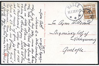 10 øre Bølgelinie på brevkort annulleret med udslebet stjernestempel VANG og sidestemplet Hasle d. 19.7.1933 til Gentofte.
