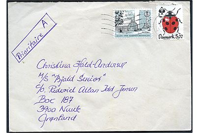5 kr. Mariehøne og Marineforeningen Julemærke 1998 på brev fra Assens annulleret Fyns Postcenter d. 3.12.1998 til sømand ombord på M/S Bjald Senior, Nuuk, Grønland. På bagsiden stort Julemærke 1998.
