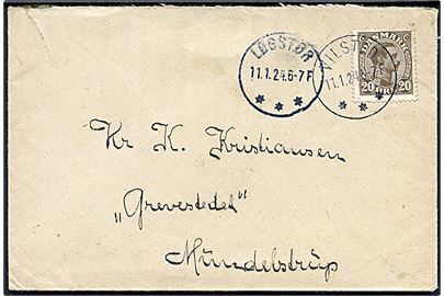 20 øre Chr. X på brev annulleret med brotype IIIb Vilsted d. 11.1.1924 og sidestemplet Løgstør d. 11.1.1924 til Mundelstrup.