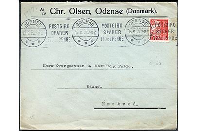 15 øre Karavel med perfin C.O. på firmakuvert fra A/S Chr. Olsen i Odense d. 13.9.1927 til Næstved.