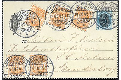 5/4 øre provisorisk helsagskorrespondancekort opfrankeret med 1 øre Våben (5) fra Hovedgaard d. 19.8.1904 til Skanderborg.