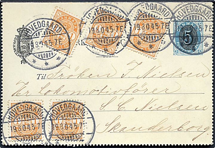 5/4 øre provisorisk helsagskorrespondancekort opfrankeret med 1 øre Våben (5) fra Hovedgaard d. 19.8.1904 til Skanderborg.