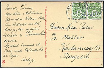 5 øre Bølgelinie i parstykke på brevkort (Den danske Forsamlingsbygning, Tønder) annulleret med bureaustempel Sønderborg - Tønder T.1417 d. 23.4.1933 til Slagelse.