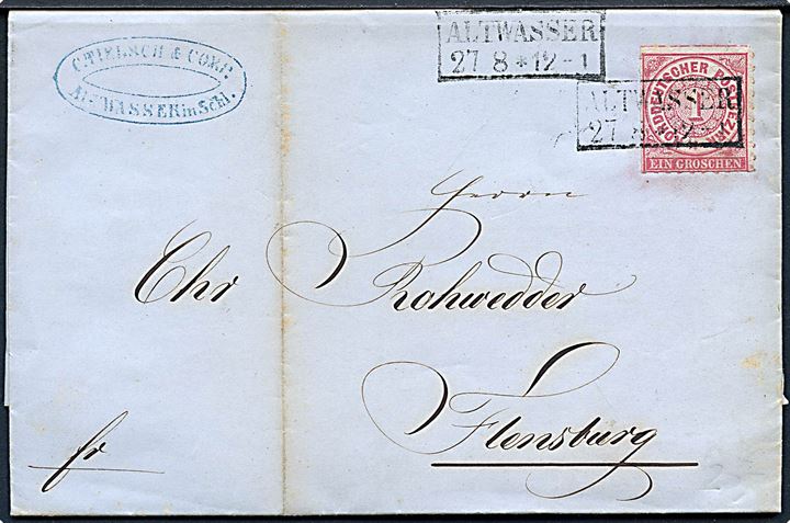 NDP 1 gr. stukken kant på brev fra Altwasser d. 27.8.1868 til Flensburg.