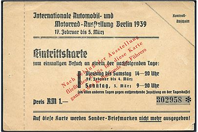 Internationale Automobil- und Motorrad Ausstelling, Berlin 1939. Entré billet.