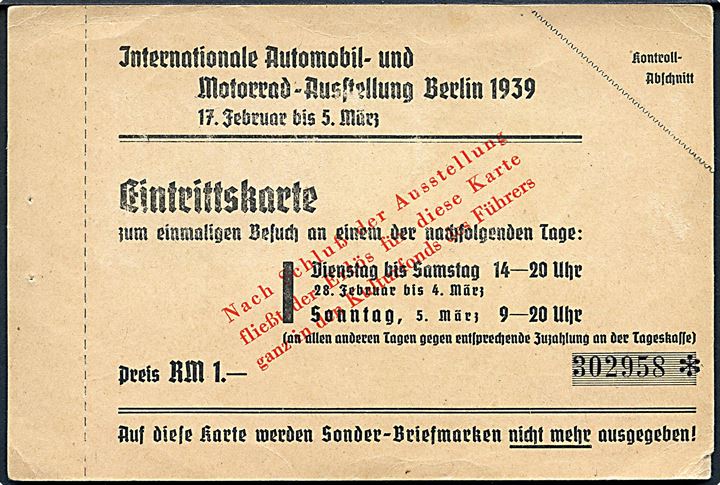 Internationale Automobil- und Motorrad Ausstelling, Berlin 1939. Entré billet.