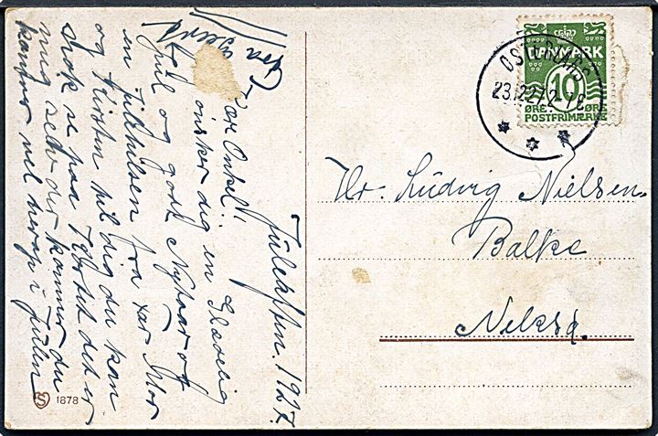 10 øre Bølgelinie på brevkort annulleret med brotype IIIb Østerlars d. 23.12.1927 til Balka pr. Neksø.