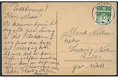 10 øre Bølgelinie på brevkort annulleret med brotype IIIb Østerlars d. 23.9.1928 til Balke pr. Neksø.