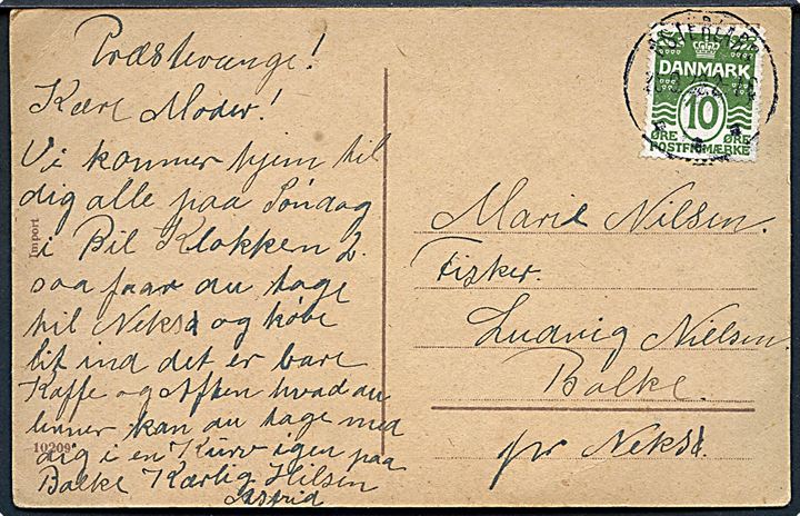 10 øre Bølgelinie på brevkort annulleret med brotype IIIb Østerlars d. 23.9.1928 til Balke pr. Neksø.