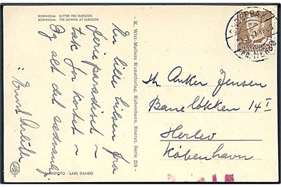 20 øre Fr. IX på brevkort annulleret med pr.-stempel Snogebæk pr. Neksø d. 23.7.1957 til Herlev, København. Røde ombæringskontrol streger.