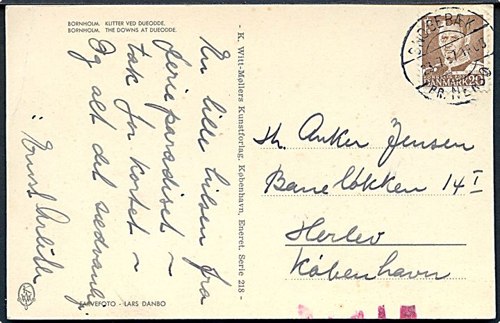 20 øre Fr. IX på brevkort annulleret med pr.-stempel Snogebæk pr. Neksø d. 23.7.1957 til Herlev, København. Røde ombæringskontrol streger.