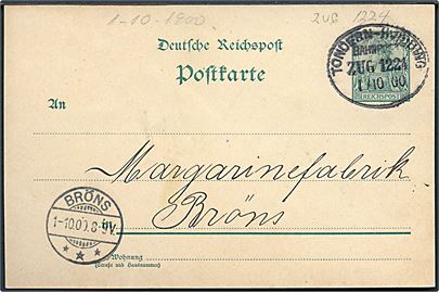 5 pfg. Germania helsagsbrevkort fra Bredebro annulleret med bureaustempel Tondern - Hvidding Bahnpost Zug 1224 d. 1.10.1900 til Bröns.