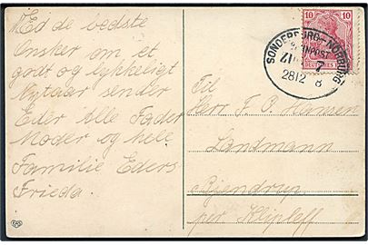 10 pfg. Germania på nytårskort annulleret med bureaustempel Sonderburg - Norburg Bahnpost Zug 7 d. 28.12.1918 til Bjerndrup pr. Kliplev.