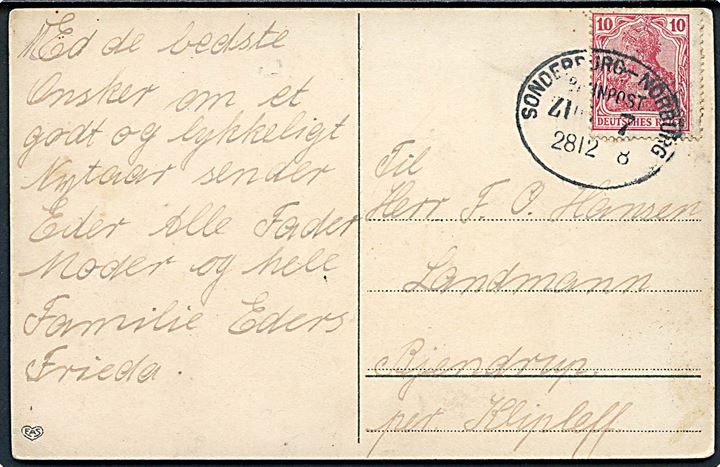 10 pfg. Germania på nytårskort annulleret med bureaustempel Sonderburg - Norburg Bahnpost Zug 7 d. 28.12.1918 til Bjerndrup pr. Kliplev.