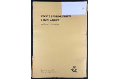 Postbefordring i Indlandet gældende fra 29.5.1988. Tjenestelig oversigt med køreplaner for posttog, postskibe og postkørsler. Uindbunden i omslag.