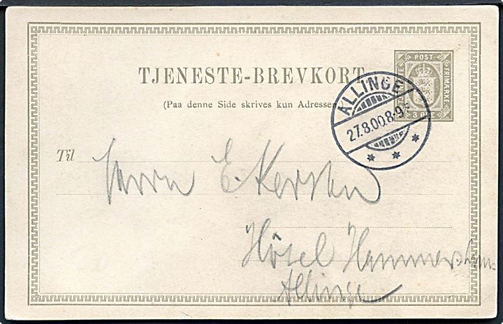 3 øre Tjenestebrevkort sendt lokalt med brotype Ia Allinge d. 27.8.1900 til Hotel Hammershuus.