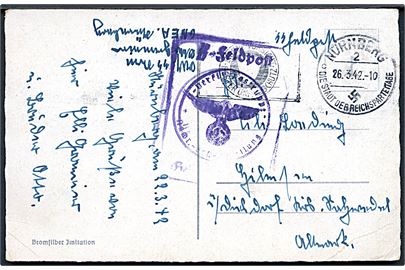 Ufrankeret SS-feldpost brevkort fra Nürnberg d. 26.3.1942. Briefstempel: SS-Feldpost / SS-Verfügungstruppe * Nachr.-Ers. Abteilung * 