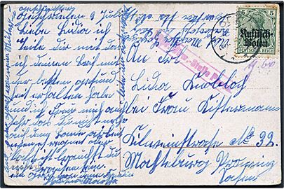 Russisch-Polen 5 pfg. provisorium på brevkort fra Lodz ca. 1916 med rødt censurstempel fra Posen.