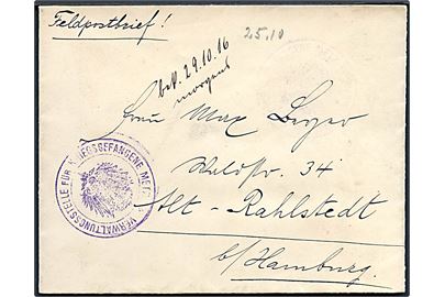 Ufrankeret feltpostbrev med briefstempel Verwaltungsstelle für Kriegsgefangene Metz til Alt-Rehlstedt b/ Hamburg. Noteret modtaget d. 29.10.1916.