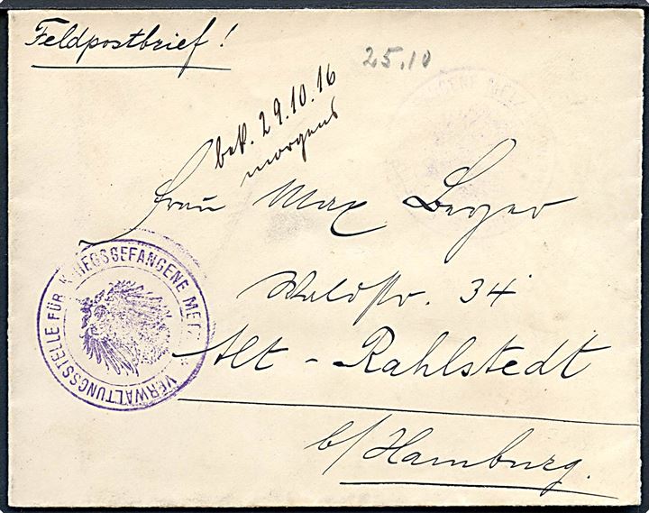 Ufrankeret feltpostbrev med briefstempel Verwaltungsstelle für Kriegsgefangene Metz til Alt-Rehlstedt b/ Hamburg. Noteret modtaget d. 29.10.1916.