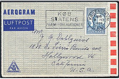 60 øre 1000 års udg. på privat aerogram fra København d. 21.2.1955 til Hollywood, USA.