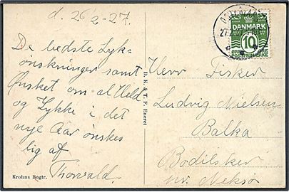 10 øre Bølgelinie på brevkort annulleret med brotype IIIb Østerlars d. 27.2.1927 til Balka, Bodilsker pr. Neksø.