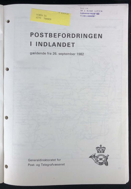 Postbefordring i Indlandet, September 1982, Maj 1983 og September 1983. Tjenestelig oversigt med køreplaner for posttog, postskibe og postkørsler. Samlet i et bind.