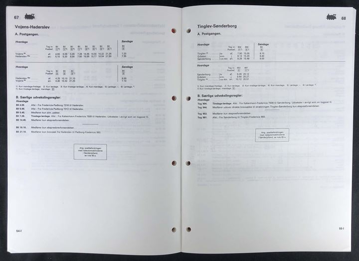 Postbefordring i Indlandet, September 1982, Maj 1983 og September 1983. Tjenestelig oversigt med køreplaner for posttog, postskibe og postkørsler. Samlet i et bind.