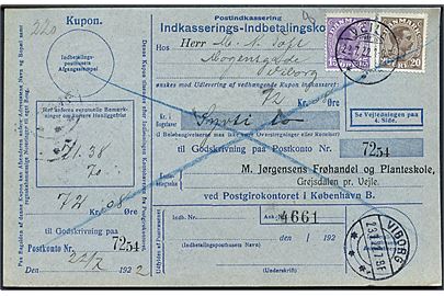 15 øre og 20 øre Chr. X på retur Indkasserings Indbetalingskort fra Veile d. 23.7.1922 til Viborg.