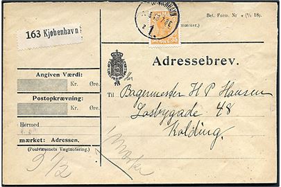 35 øre Chr. X single på adressebrev for pakke fra Kjøbenhavn d. 5.8.1918 til Kolding. 