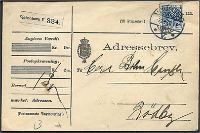 20 øre Chr. IX single på adressebrev for pakke fra Kjøbenhavn d. 1.2.1908 til Rødby.