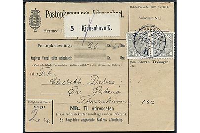 50 øre Chr. X i parstykke på Postopkrævnings-Adressekort for pakke fra København d. 23.2.1923 til Øre, Østerø pr. Thorshavn.