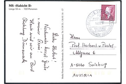 3,75 kr. Margrethe på brevkort (M/S Habicht II) annulleret med tysk skibsstempel Deutsche Schiffspost MS Baltic Star * Travemünde - Rødbyhavn d. 14.7.1997 til Salzburg, Østrig.