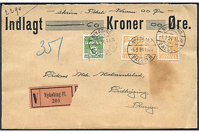 5 øre Bølgelinie og 30 øre Karavel (2) på værdibrev fra Nykøbing Falster d. 6.3.1934 til Lidköping, Sverige.