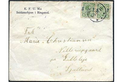 5 øre Soldaterfrimærke (2) på brev fra K.F.U.M.s Soldaterhjem i Ringsted d. 1.2.1919 til Gilleleje. Sen anvendelse. Begge mærker med skader.