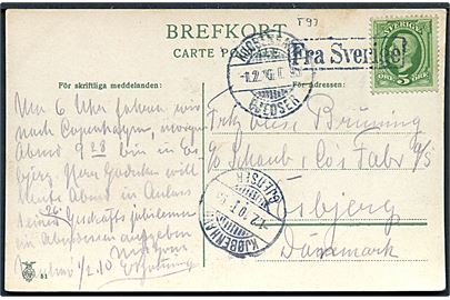 5 öre Oscar II på brevkort fra Malmö annulleret med skibsstempel Fra Sverige og sidestemplet bureau Kjøbenhavn - Gjedser T.93 d. 1.2.1910 til Esbjerg, Danmark.