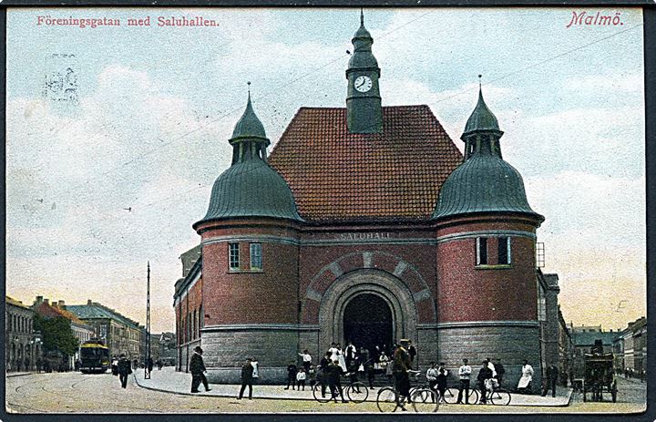 5 öre Oscar II på brevkort fra Malmö annulleret med skibsstempel Fra Sverige og sidestemplet bureau Kjøbenhavn - Gjedser T.93 d. 1.2.1910 til Esbjerg, Danmark.